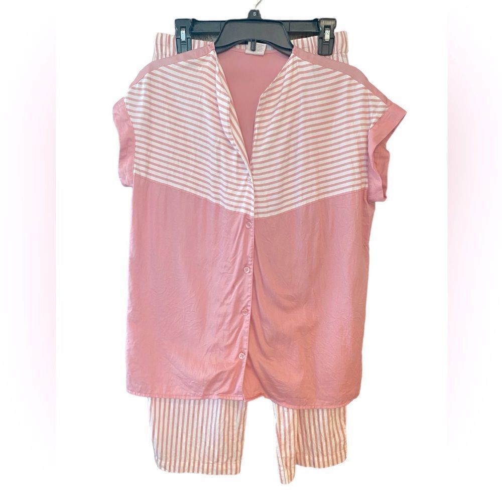 Cabernet Sz M Pink White Solid Stripe Pattern 2-Pièce Comfy Soft Cotton Pajamas